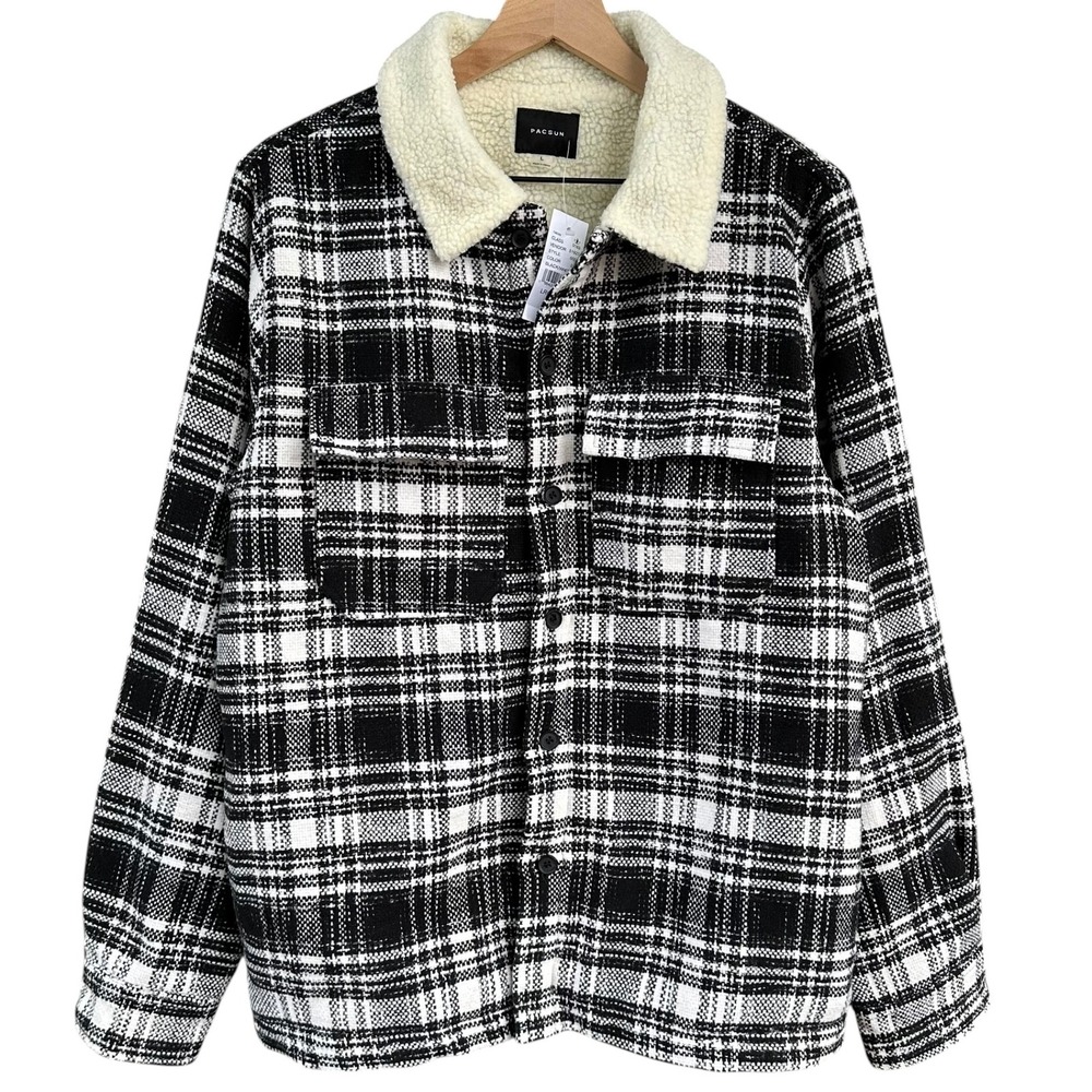 PacSun Mens Black White Plaid Sherpa Lined Shirt Jacket Shacket Large NEW
